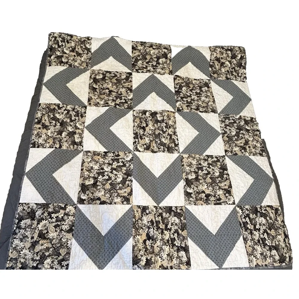 Handmade Quilt 45x45 Gray Black Floral Patchwork Lap Blanket Faith Church Script